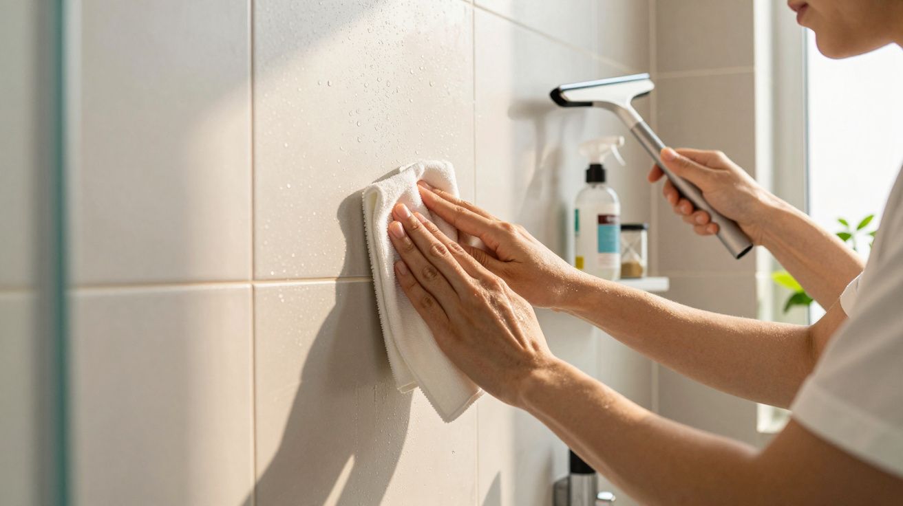 Pessoa limpando azulejos de banheiro com pano branco e rodo, com produtos de limpeza ao fundo.