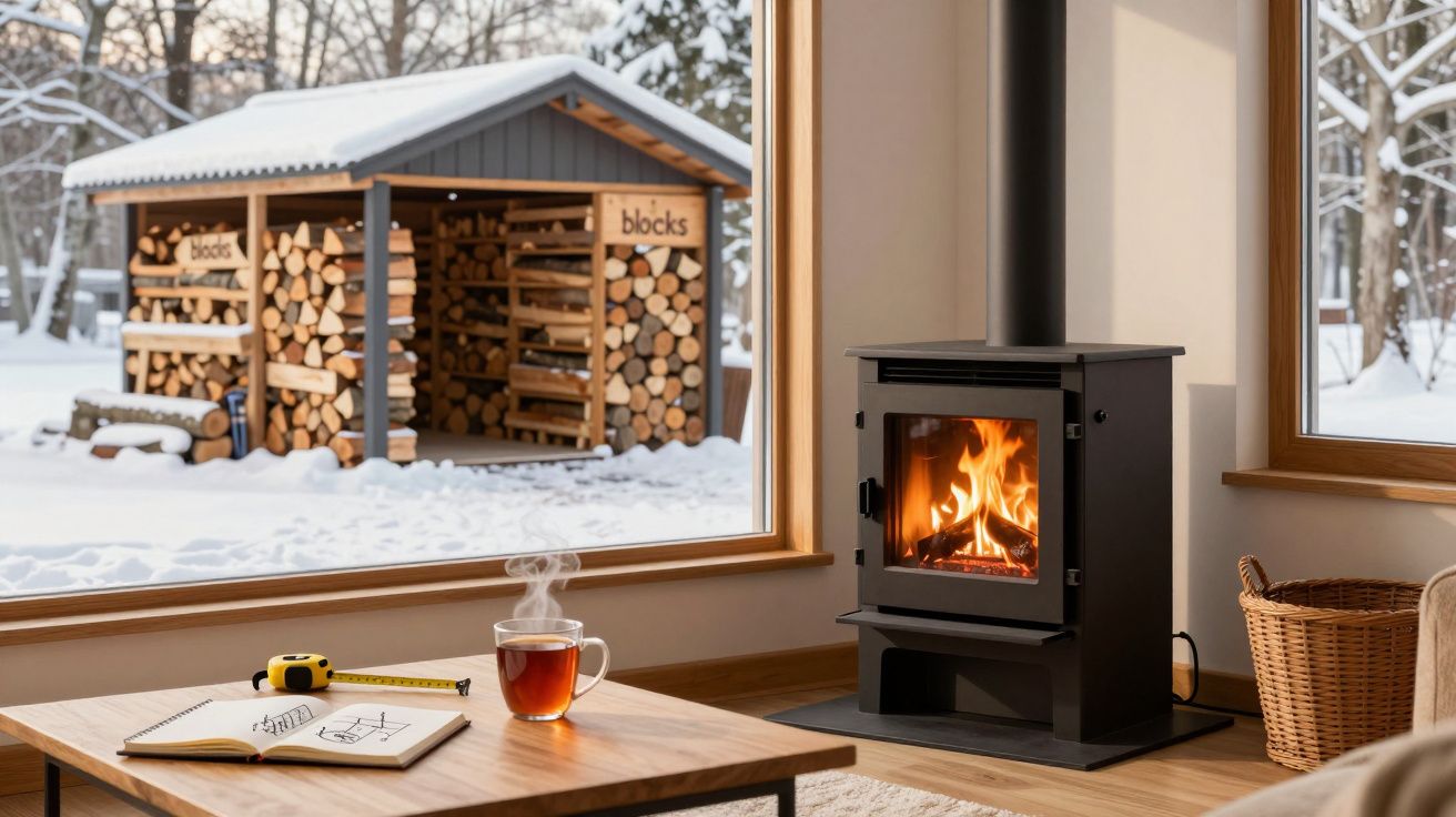 Sala aconchegante com lareira acesa, mesa com chá e caderno, e depósito de lenha ao fundo na neve.