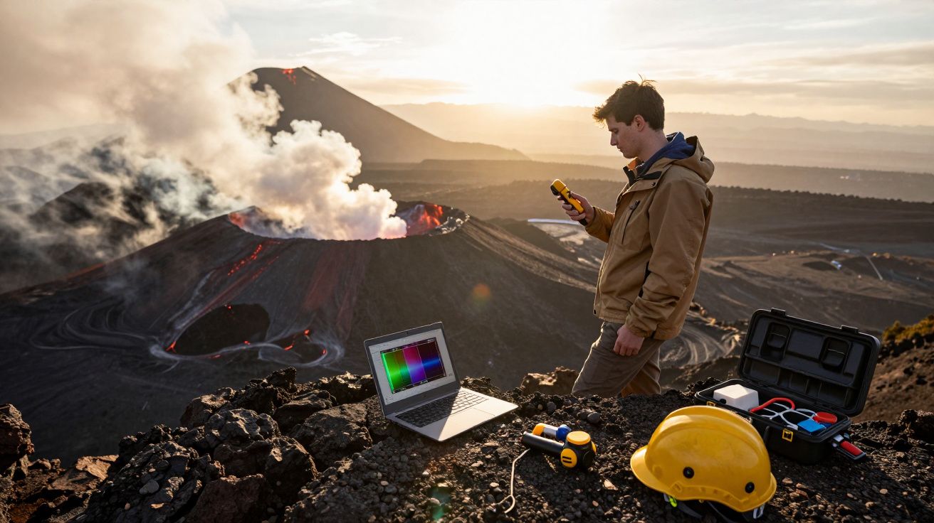 Cientista coleta dados no topo de vulcão ativo com laptop, equipamentos e capacete amarelo ao pôr do sol.