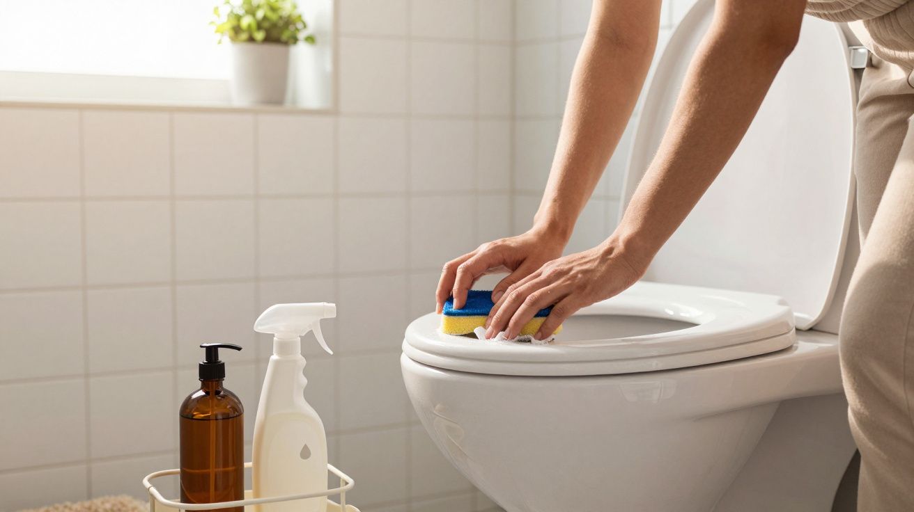 Pessoa limpando a tampa do vaso sanitário com esponja azul em banheiro claro.