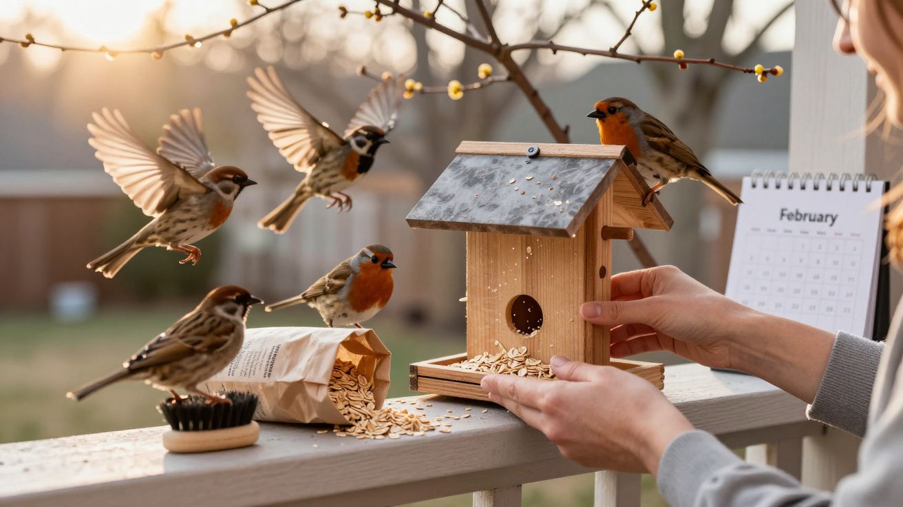 Pássaros sendo alimentados em comedouro de madeira segurado por uma pessoa em varanda ao pôr do sol.