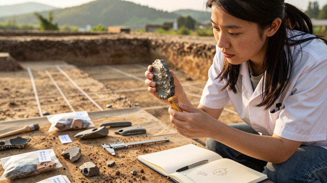 Mulher arqueóloga analisando ferramenta de pedra em escavação arqueológica ao ar livre com caderno aberto.