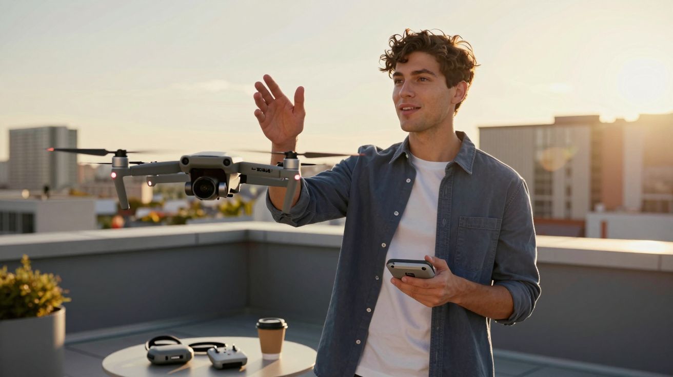 Homem controla drone com smartphone em área externa durante pôr do sol, com prédios ao fundo.