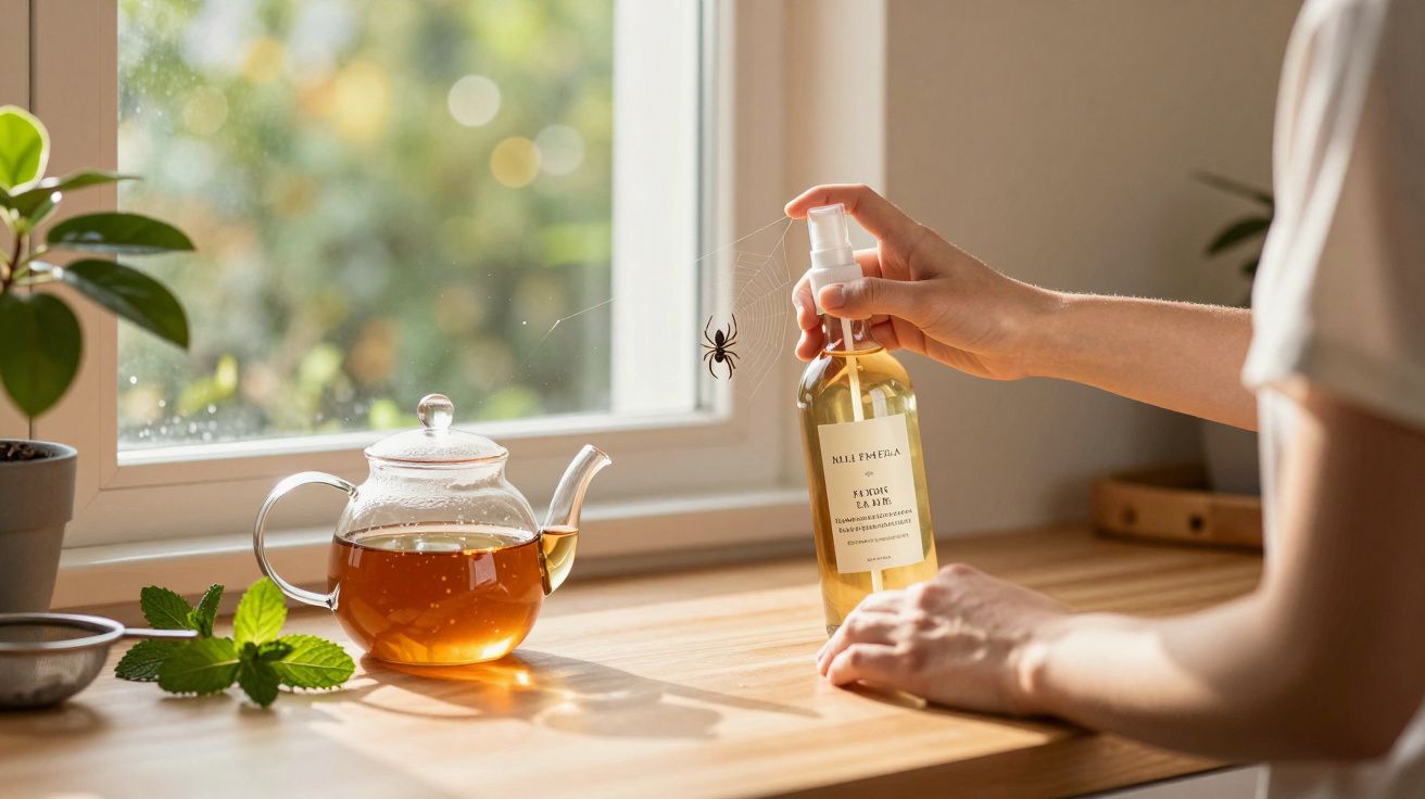 Mão segurando frasco de spray perto de aranha em janela, com bule de chá e planta sobre mesa de madeira.