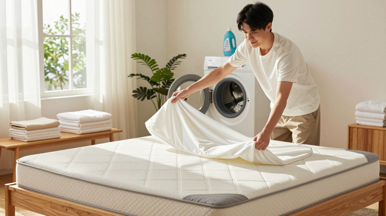 Homem arrumando lençol branco em cama de casal em quarto com luz natural e máquina de lavar roupas ao fundo.