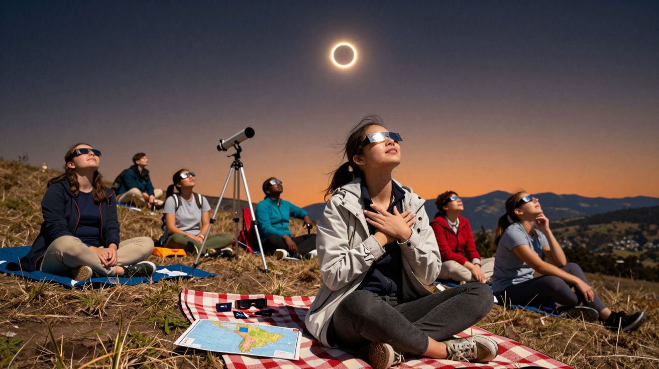 Grupo de pessoas em campo observando eclipse solar com óculos especiais e telescópio ao entardecer.