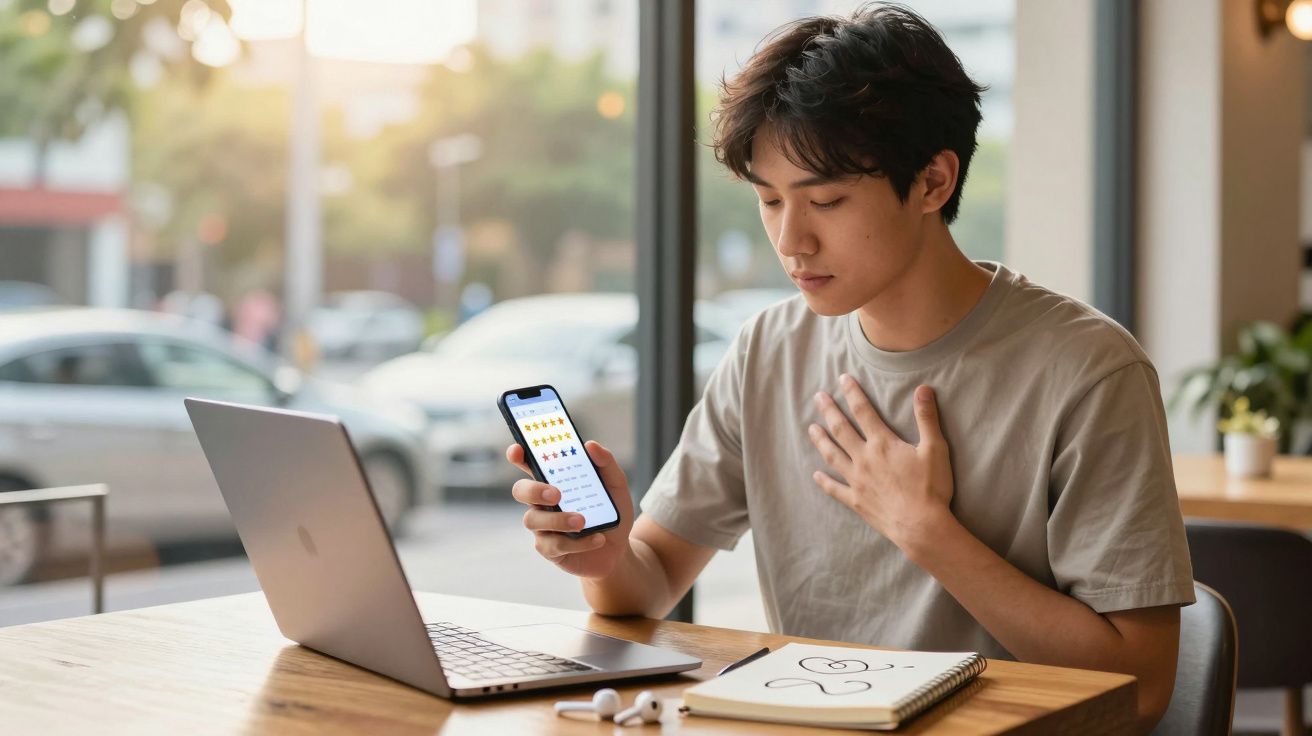 Jovem sentado em mesa com laptop, segurando smartphone e tocando o peito, em ambiente claro e tranquilo.