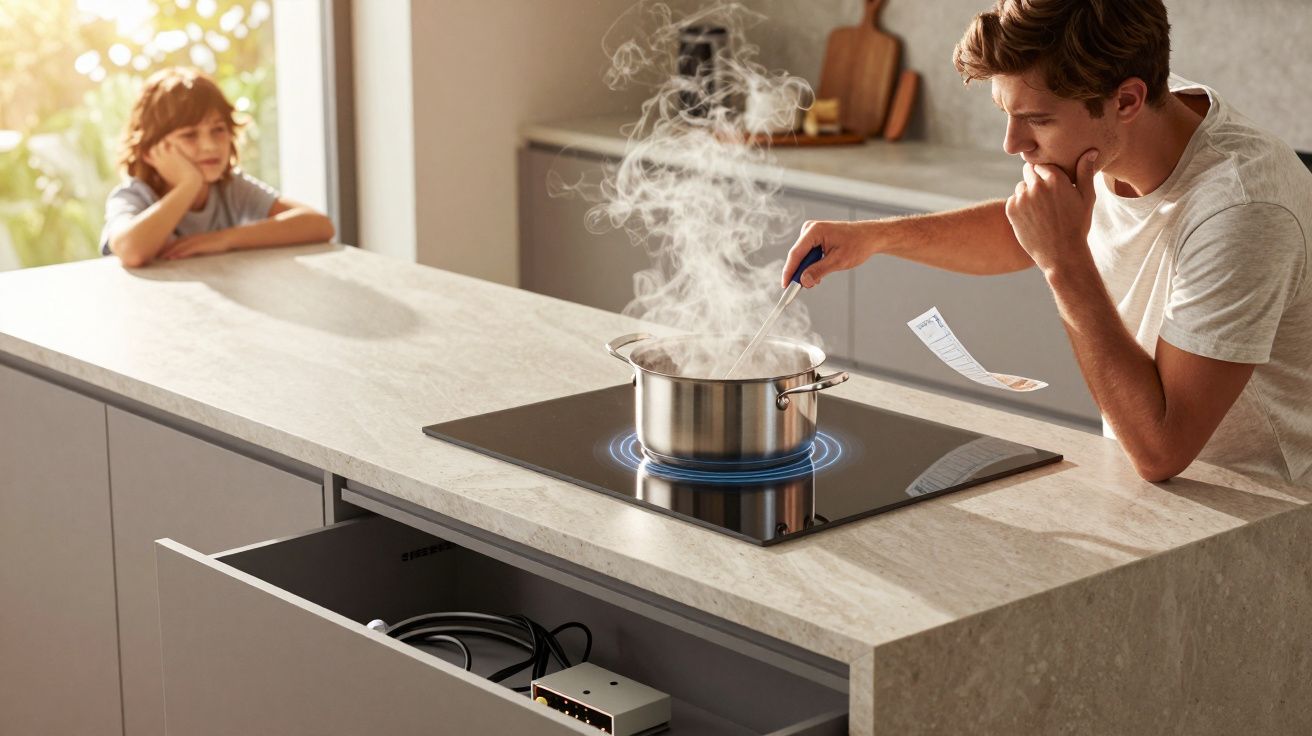 Homem cozinhando com panela no fogão enquanto criança observa na bancada da cozinha moderna.