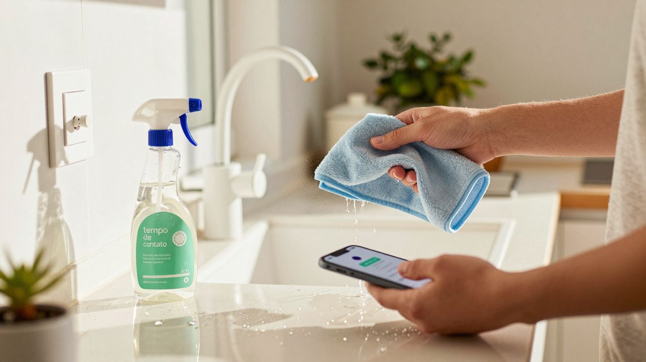 Pessoa limpando smartphone com pano azul úmido perto de pia e produto de limpeza em balcão branco.