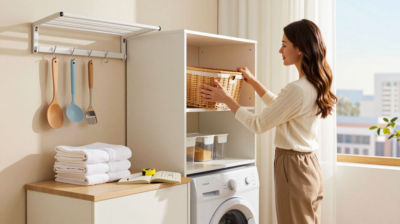 Mulher organizando cesta em armário acima de máquina de lavar em lavanderia bem iluminada.