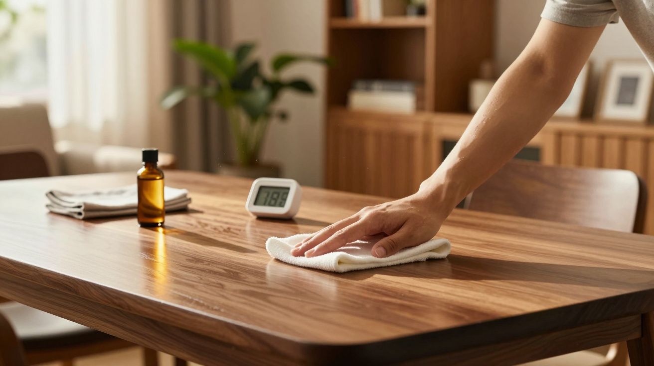 Pessoa limpando mesa de madeira com pano branco em ambiente iluminado.