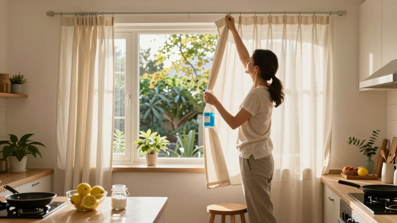Mulher abrindo cortina em cozinha clara com plantas e frutas ao redor durante o dia.