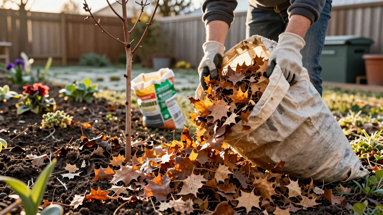 Pessoa usando luvas despejando folhas secas ao redor de uma muda de árvore no jardim.