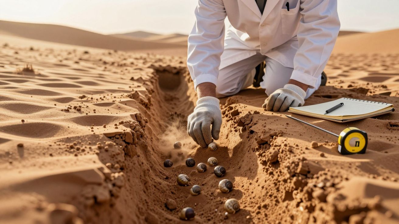 Pesquisador examinando caracóis em sulco escavado na areia do deserto com caderno e trena ao lado.