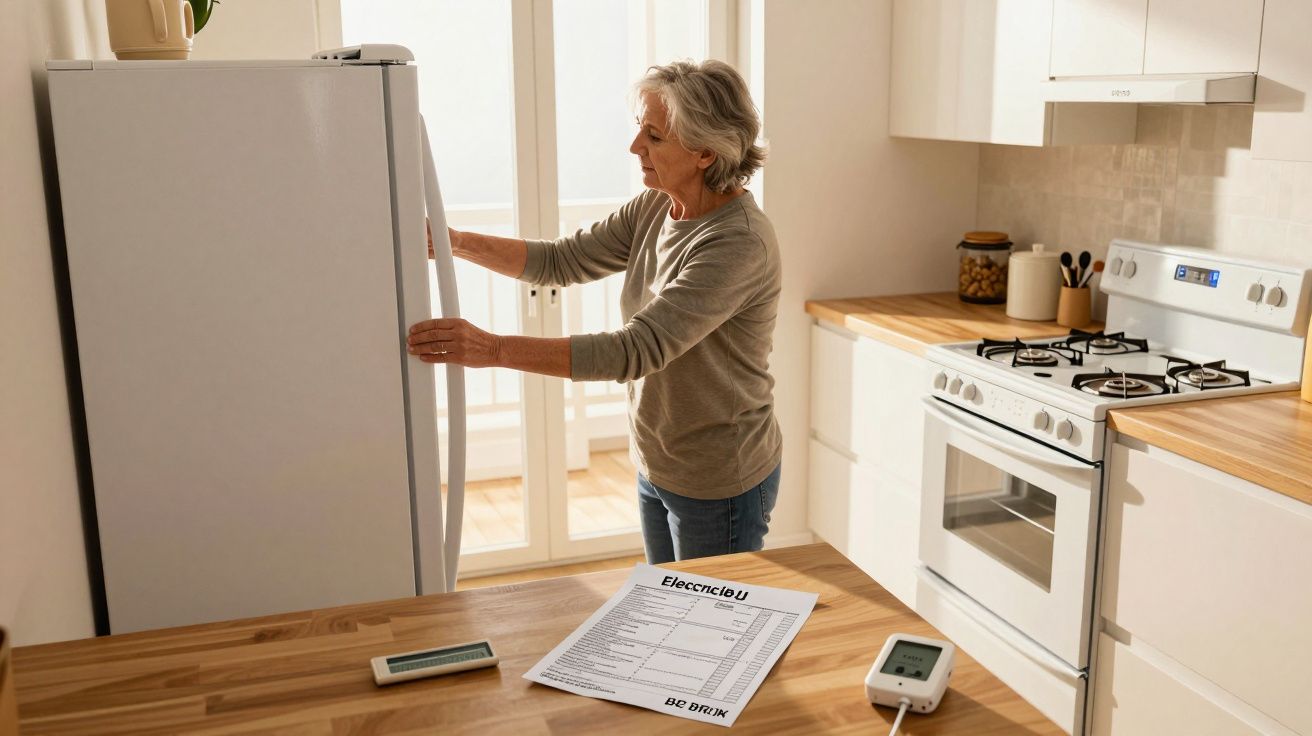 Mulher abrindo geladeira na cozinha clara com conta de eletricidade sobre bancada de madeira.