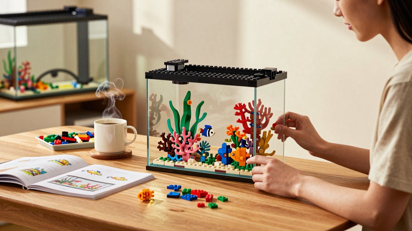 Pessoa montando aquário de LEGO com decoração de corais coloridos em mesa de madeira clara.