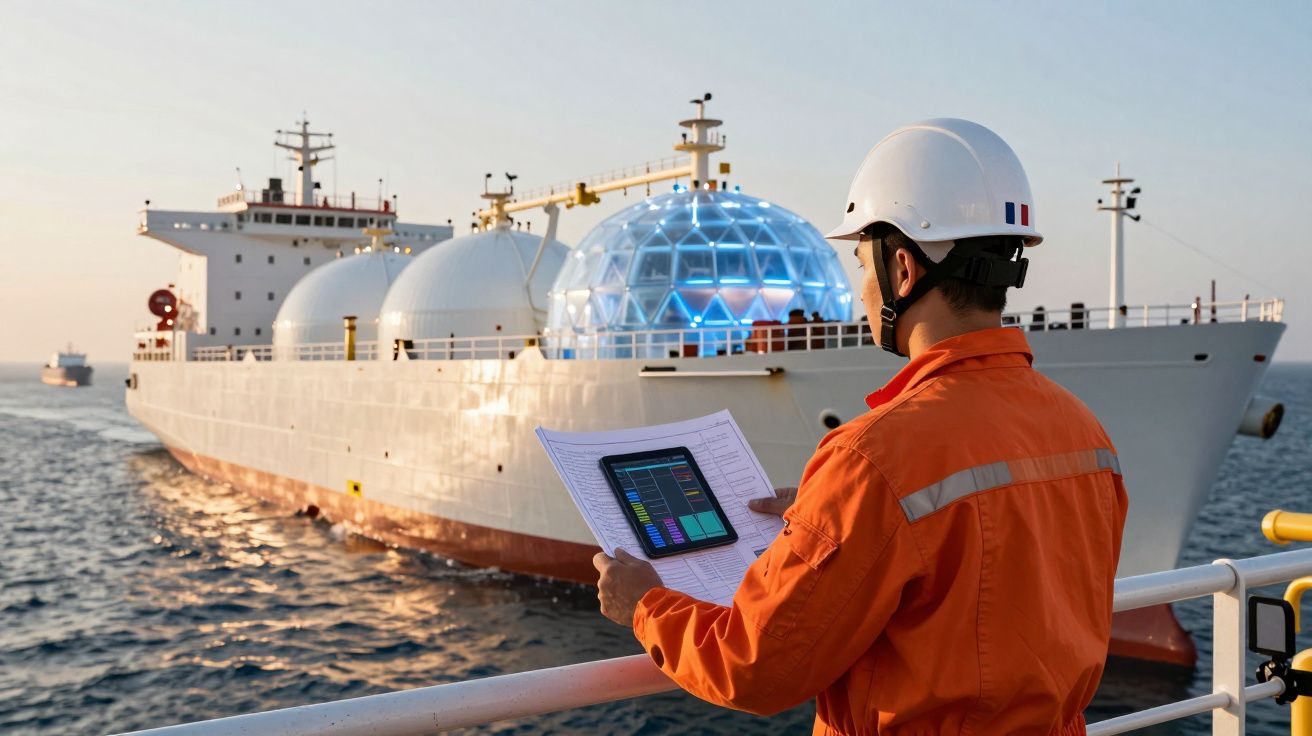 Homem de capacete e macacão laranja analisa documento digital na frente de navio tanque com cúpulas esféricas.