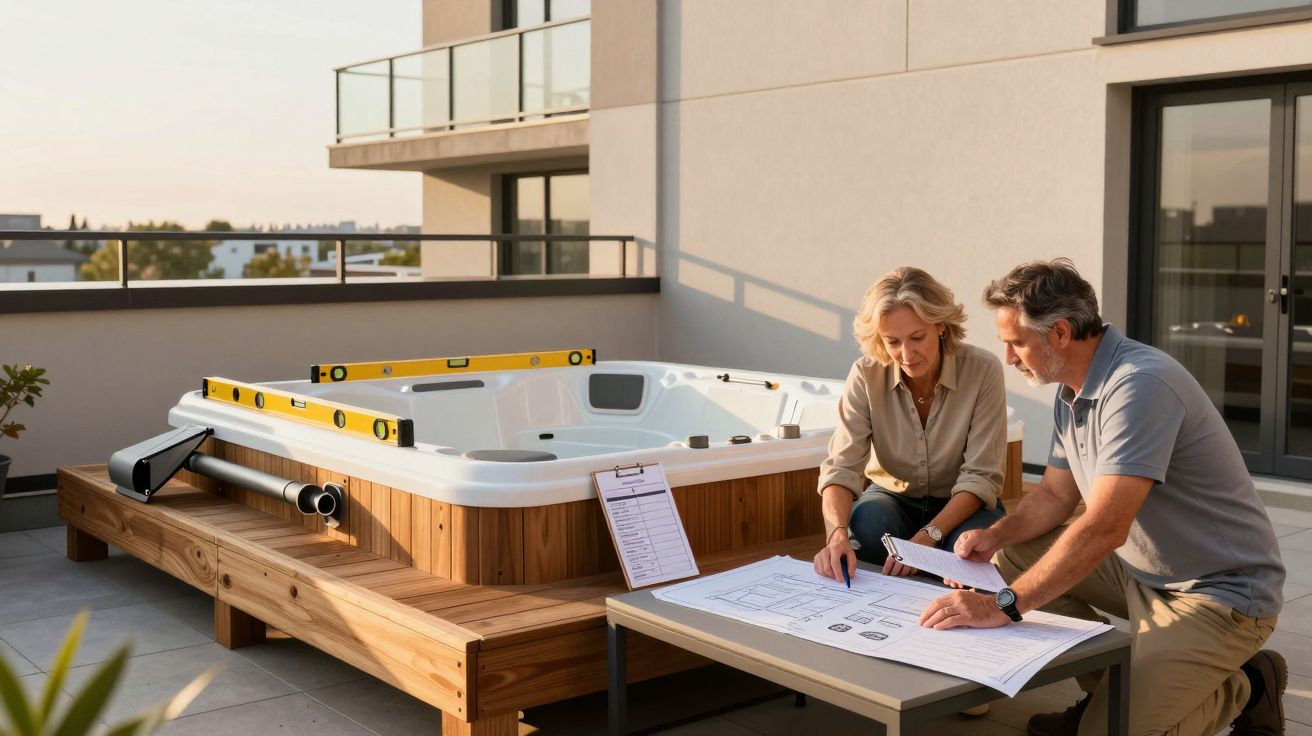 Casal analisando plantas e documentos ao lado de spa instalado em varanda de apartamento moderno.