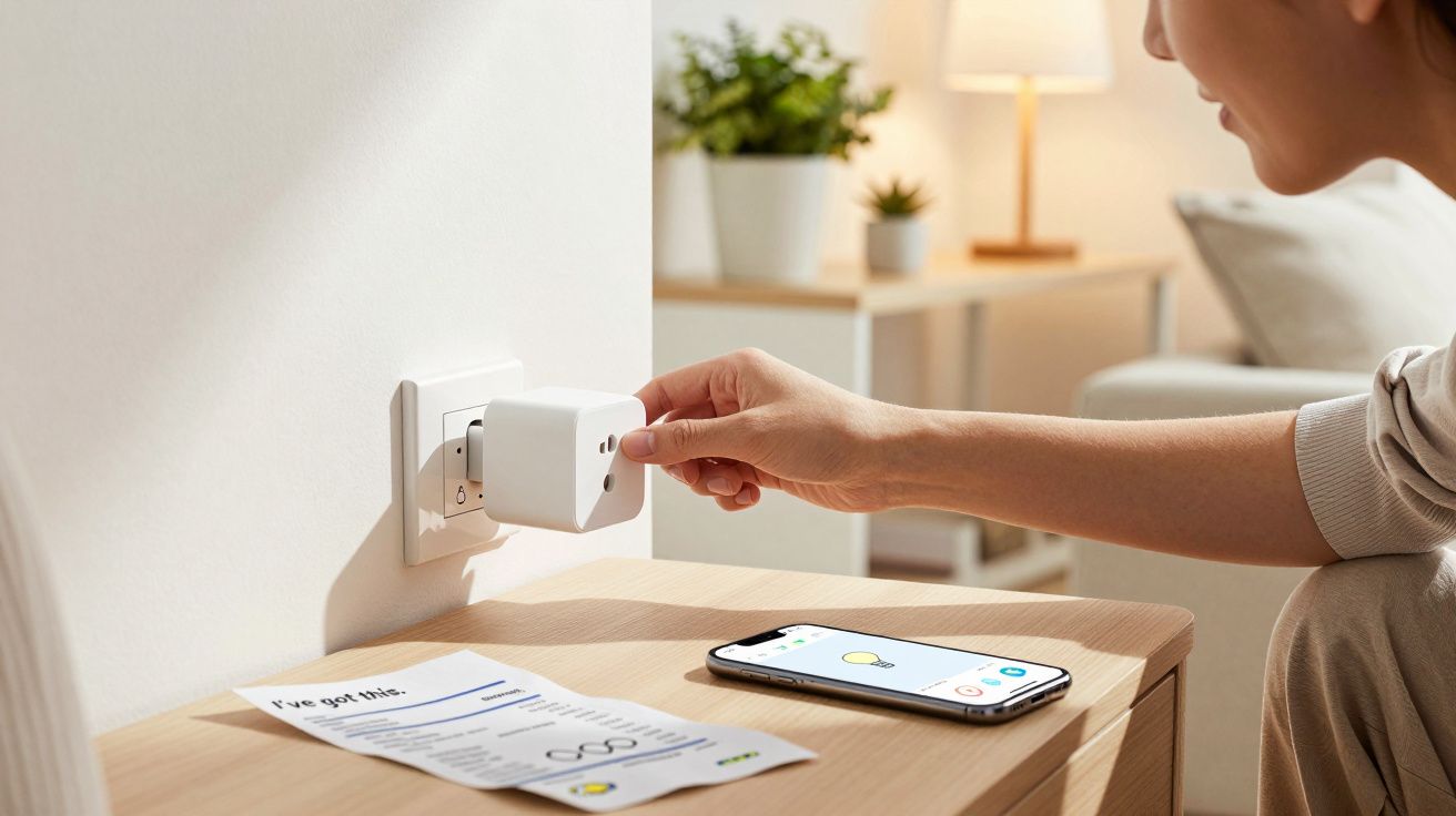 Pessoa conectando plugue inteligente em tomada ao lado de mesa com celular e papel com instruções.