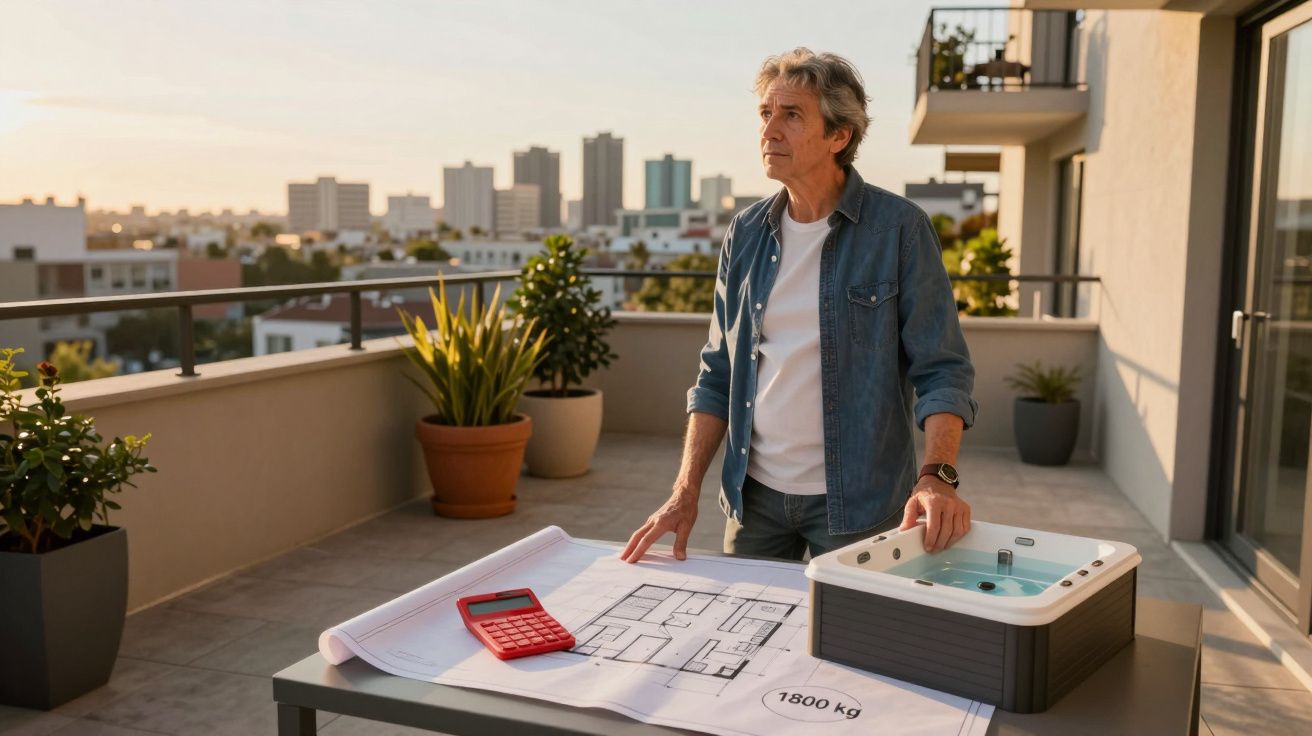Homem observa planta baixa em mesa na varanda com mini spa e calculadora ao pôr do sol.