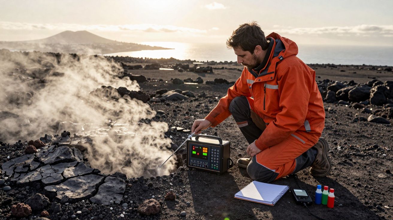 Homem em roupa laranja realiza medição geotérmica em solo vulcânico com equipamento eletrônico.