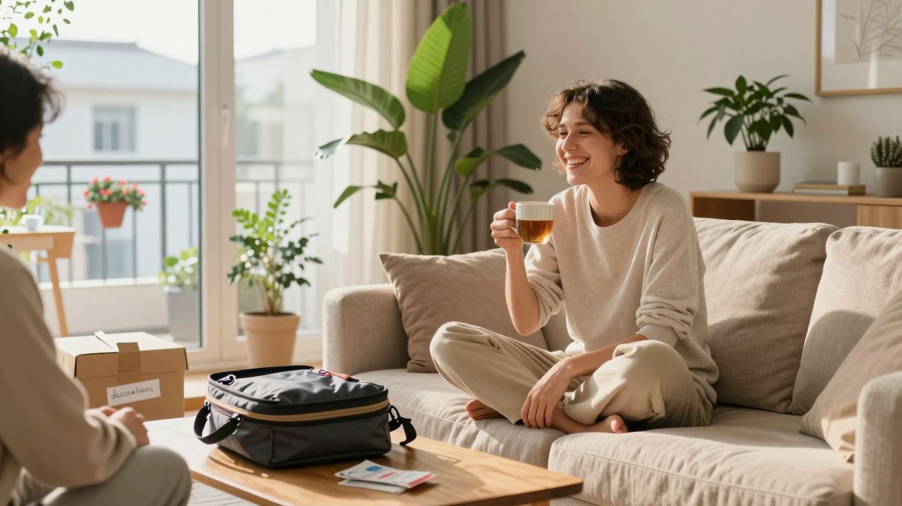 Pessoa sorrindo sentada no sofá com xícara de chá em sala iluminada e plantas ao fundo.