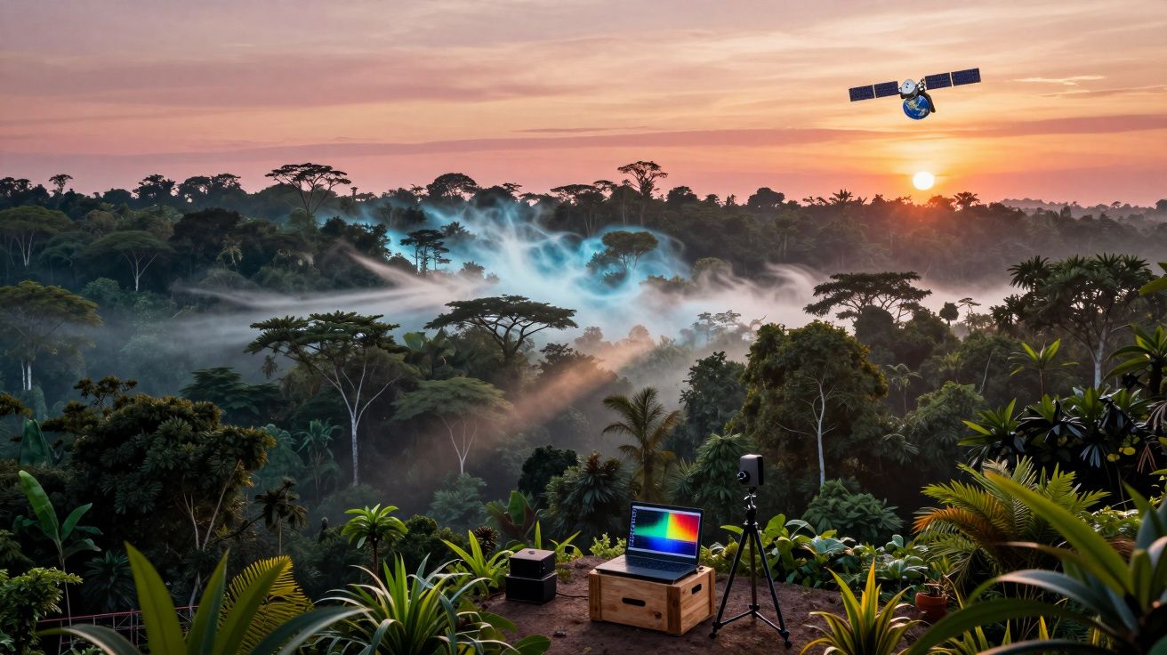Floresta densa ao amanhecer com névoa, plantas ao redor e satélite sobrevoando ao fundo.