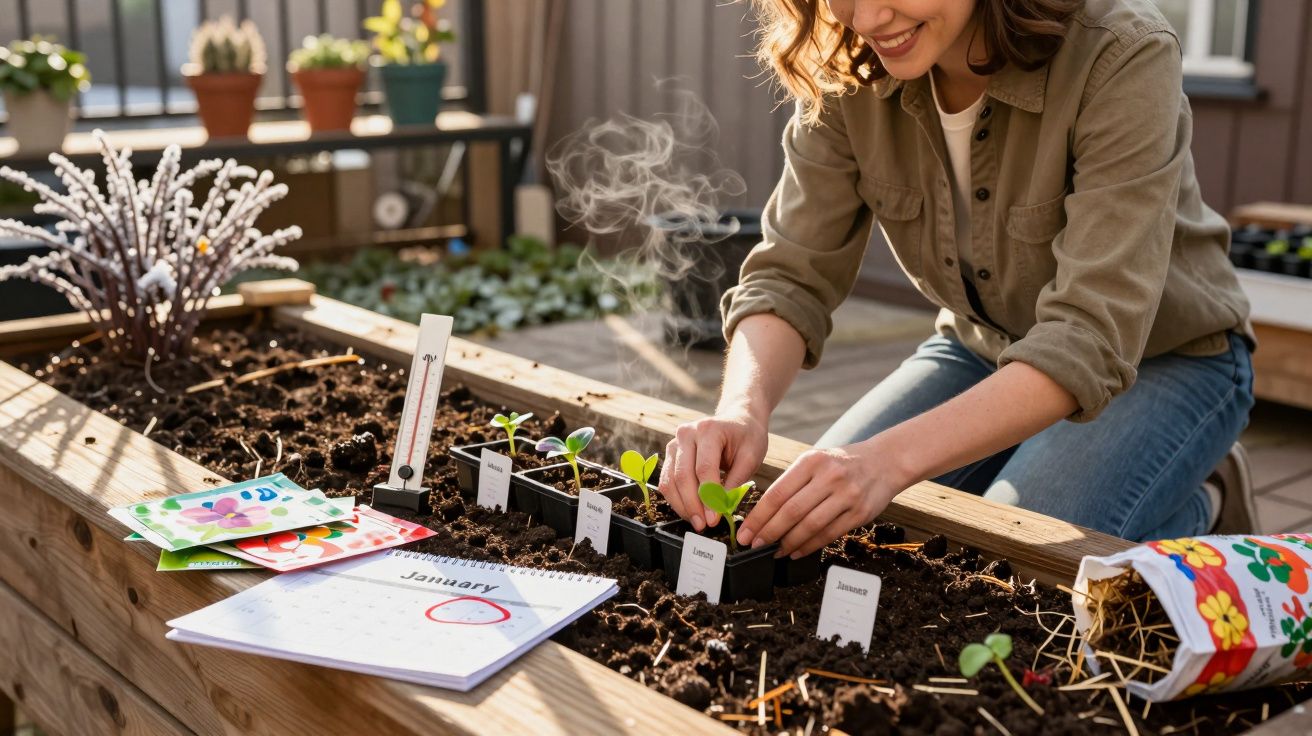 Mulher plantando mudas em canteiro elevado com calendário e termômetro ao redor.