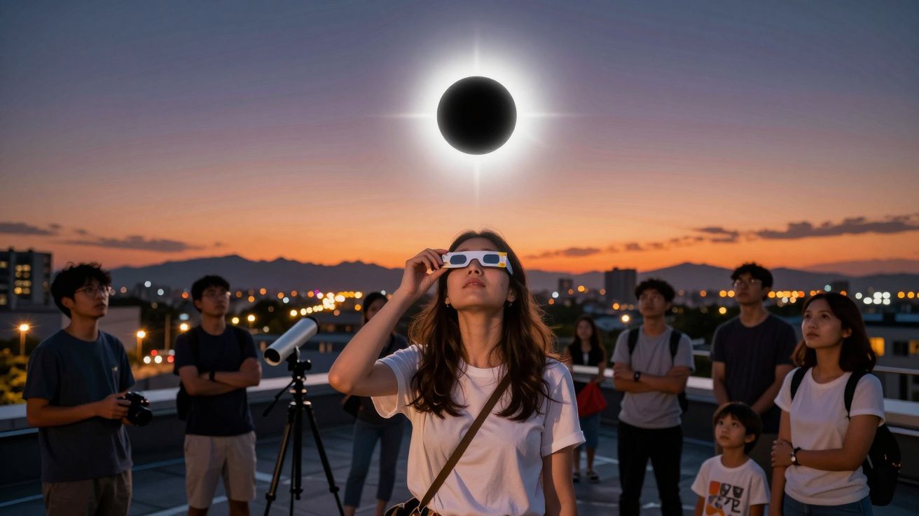 Pessoas assistindo o eclipse solar ao pôr do sol, com mulher usando óculos especiais em destaque.