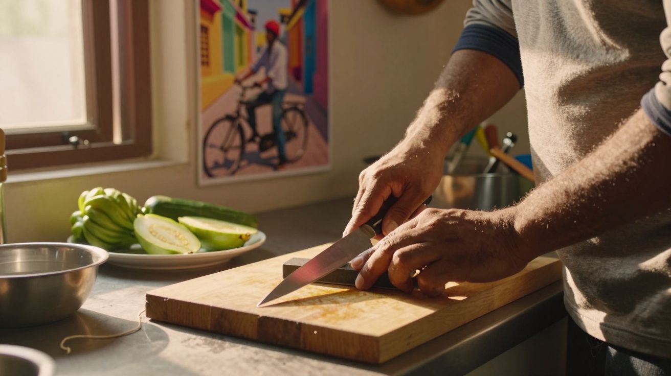 Pessoa cortando chuchu em uma tábua de madeira em cozinha iluminada pela luz natural.