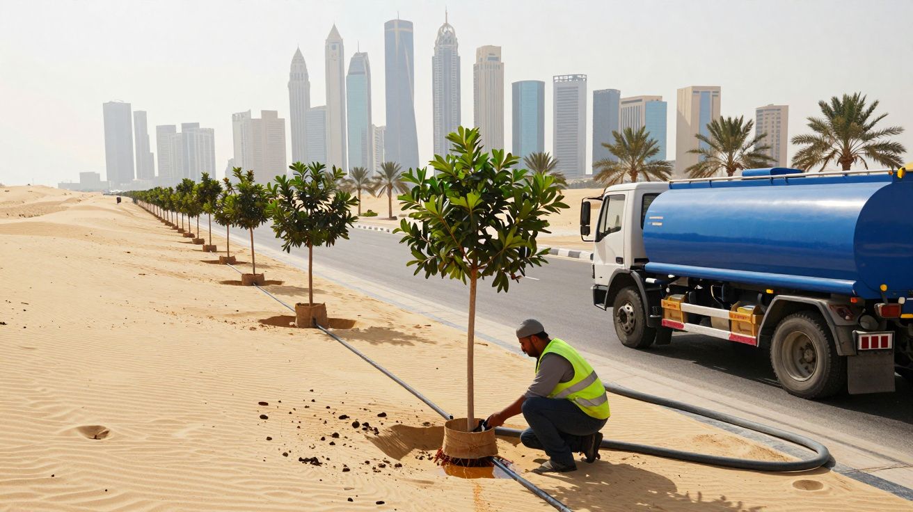 Homem regando árvores jovens em área desértica próxima a estrada com prédios altos ao fundo.