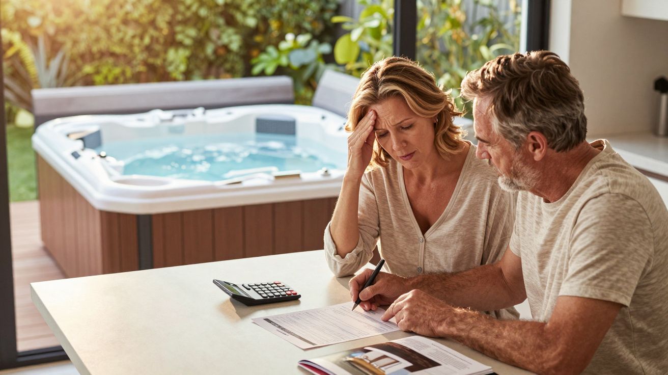 Casal maduro preocupado analisa contas e cálculos em mesa próxima a uma banheira de hidromassagem.
