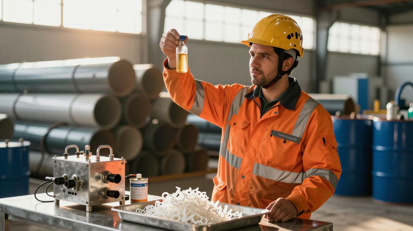 Homem com capacete analisa líquido em frasco dentro de fábrica industrial com tubos e tambores ao fundo.