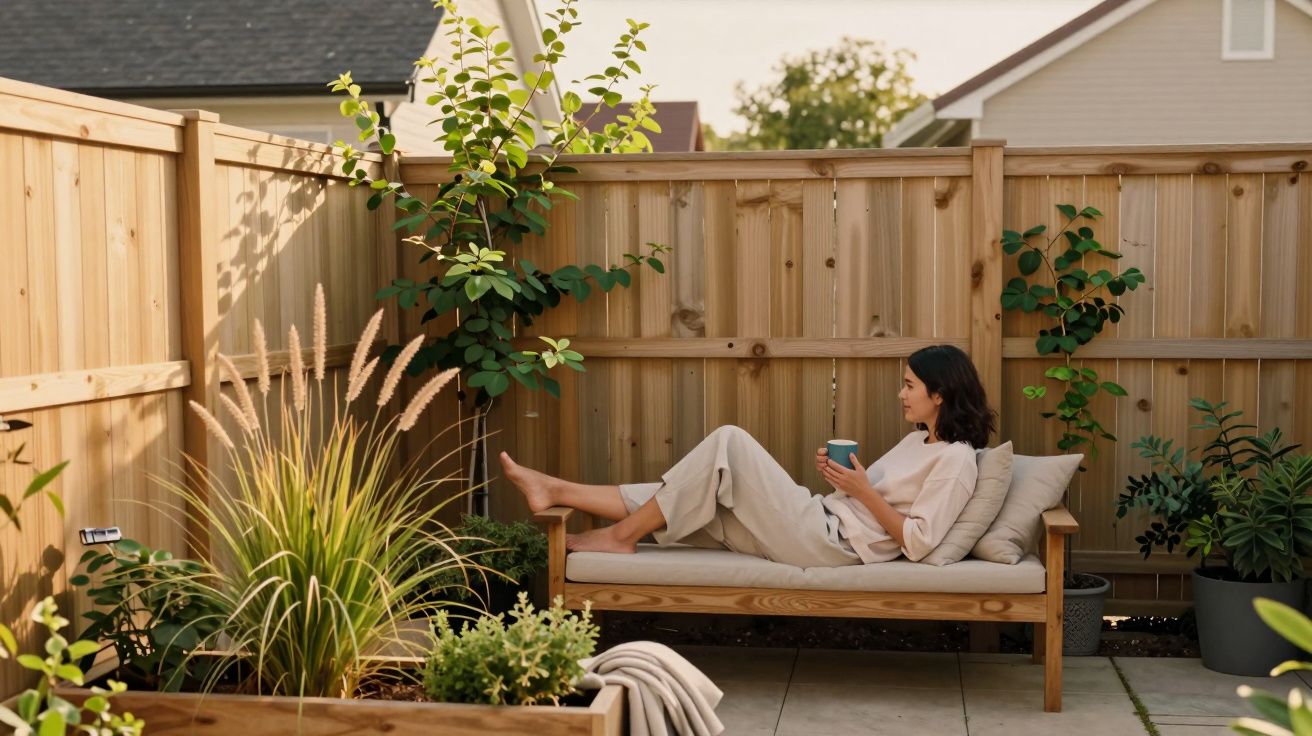 Mulher relaxando em sofá de madeira em jardim com plantas, segurando caneca azul.