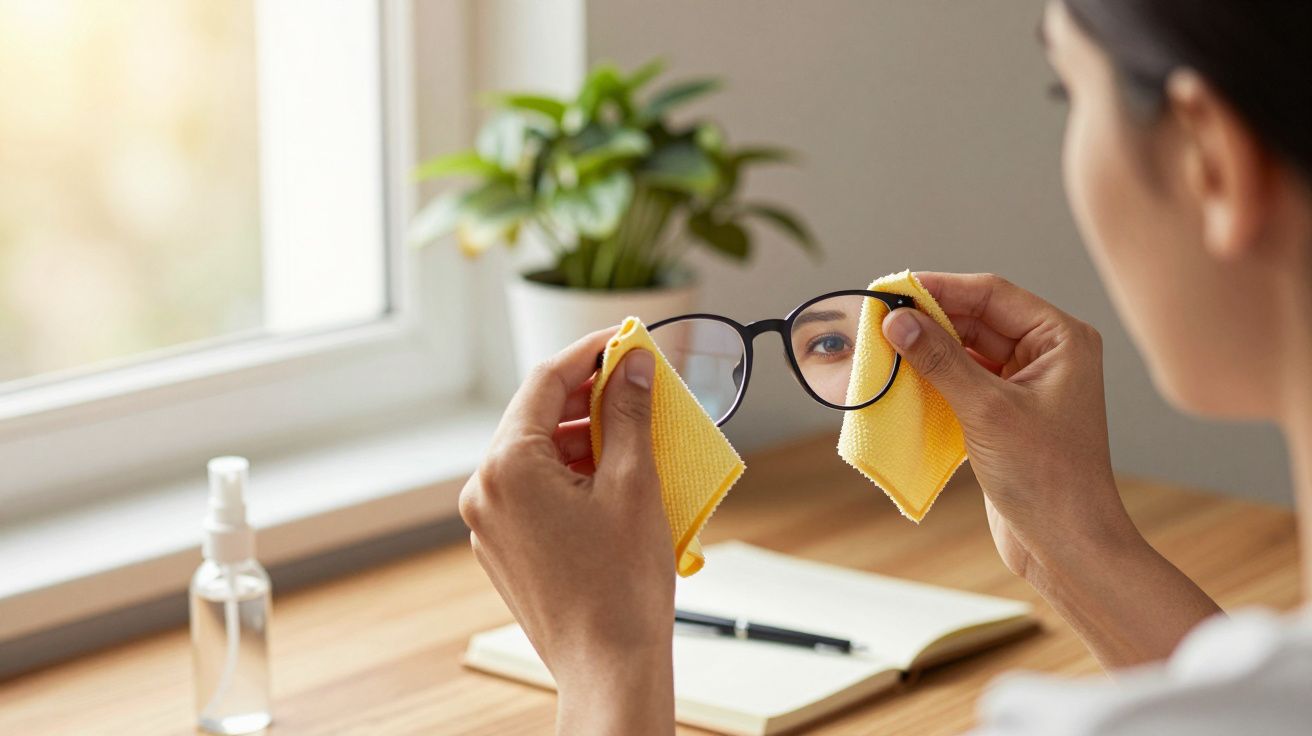 Pessoa limpando óculos com pano amarelo em mesa com caderno, planta e borrifador ao lado.