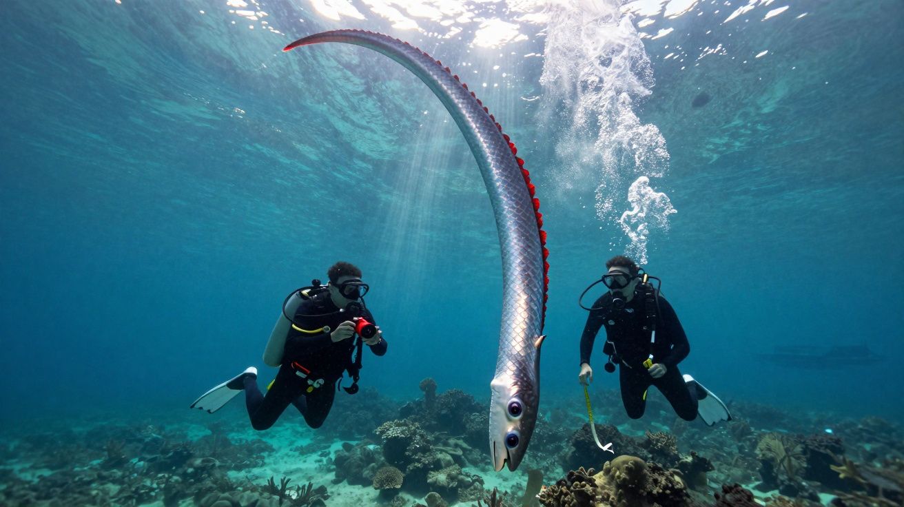 Dois mergulhadores observam um peixe raro gigante com corpo longo e escamas prateadas no fundo do mar.