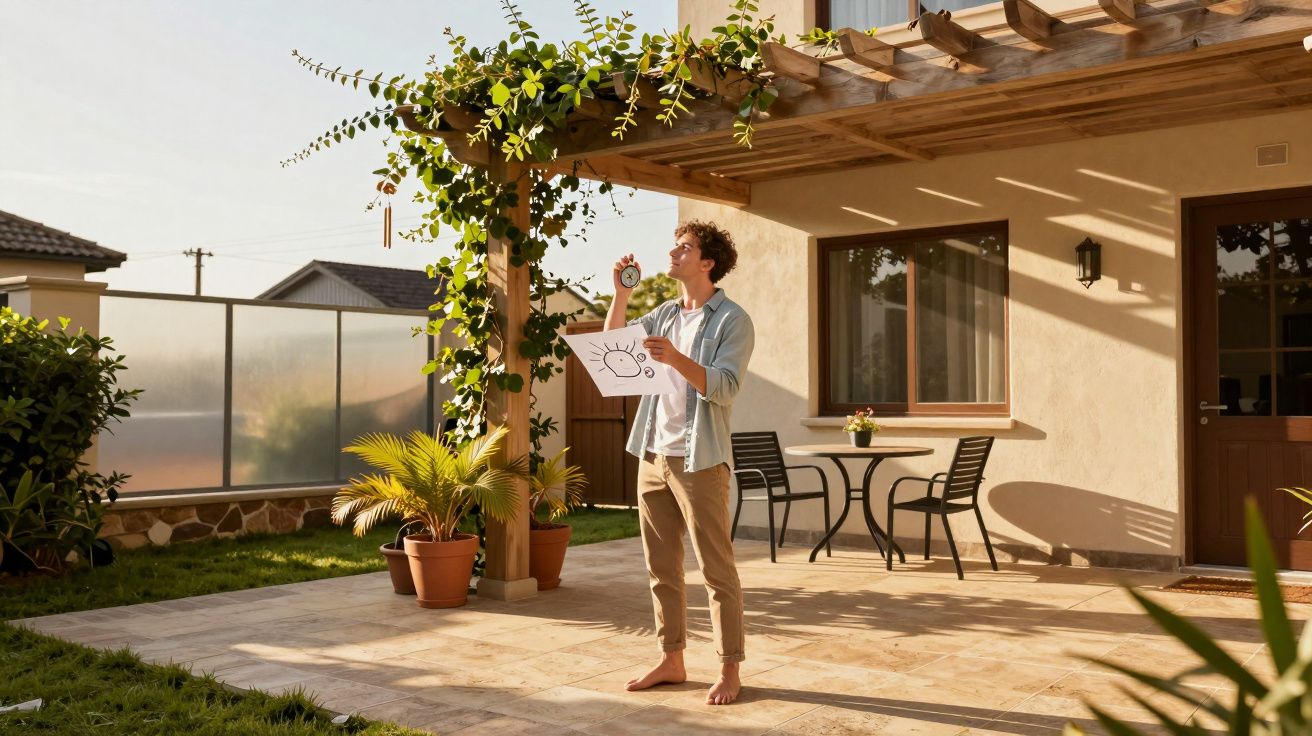 Homem descalço segurando folha com desenho do sol em varanda com pergolado e plantas.