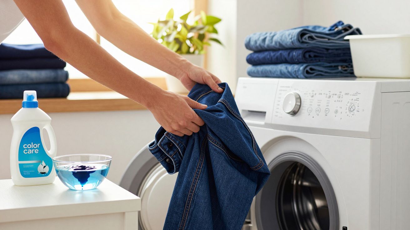 Pessoa colocando calça jeans na máquina de lavar branca com roupas dobradas ao fundo.