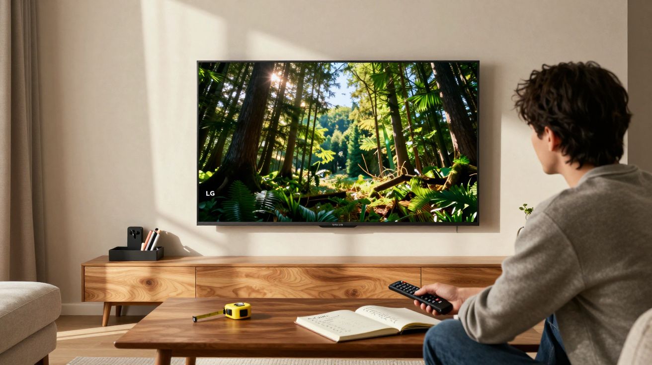 Pessoa assistindo TV com imagem de floresta em sala de estar moderna e iluminada.