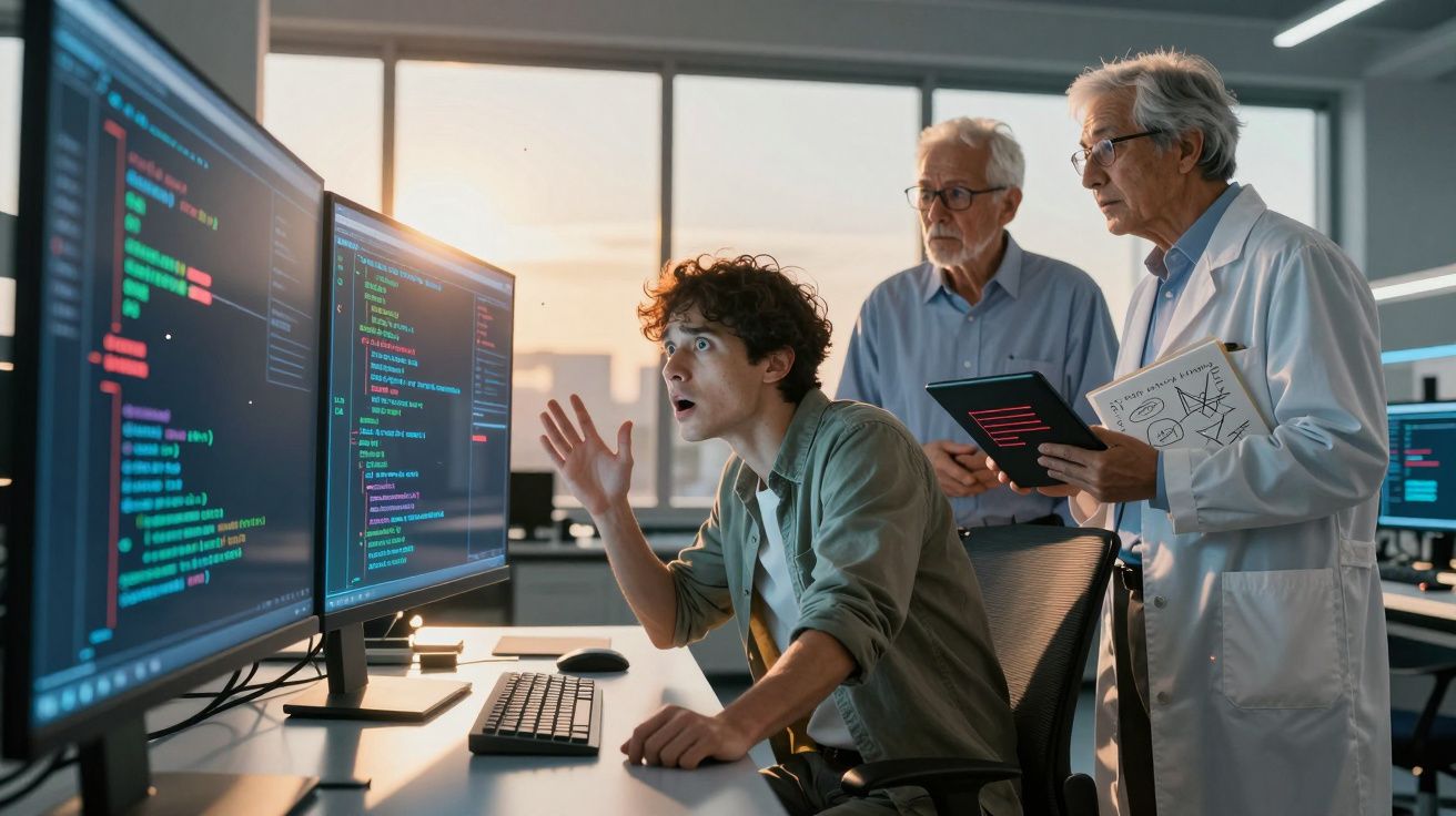 Jovem programador surpreso mostra código em computador para dois homens idosos em ambiente de trabalho moderno.