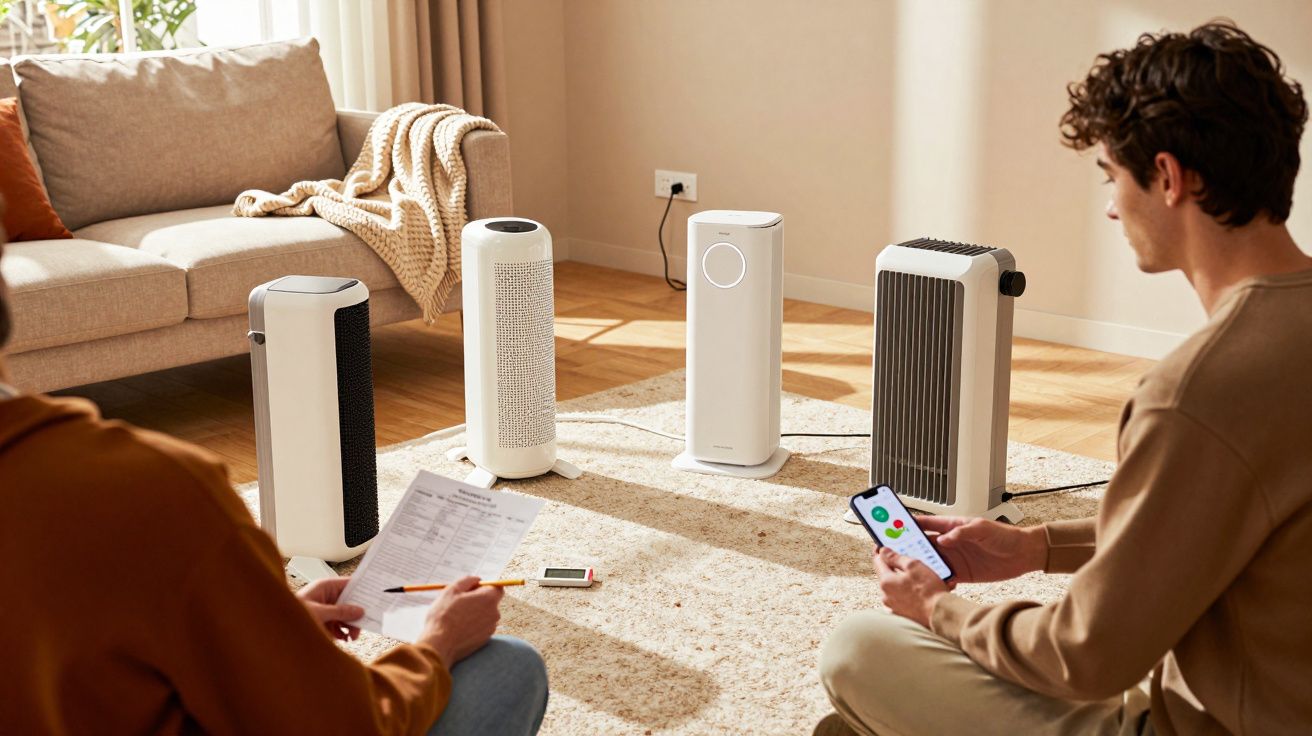 Duas pessoas testam purificadores de ar em diferentes modelos, sentadas em sala com tapete e sofá bege.