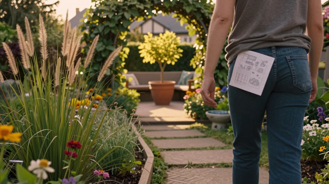 Pessoa caminhando por jardim com plantas e flores, segurando desenho preso na calça jeans.