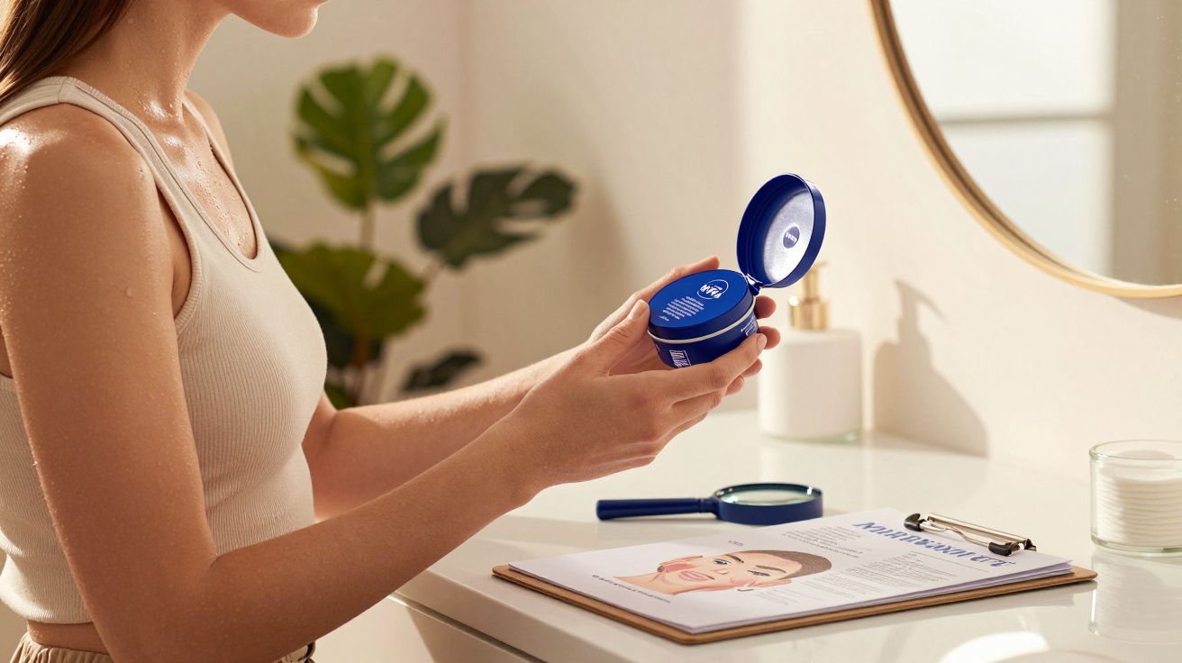 Mulher segurando pote de creme azul em frente a espelho, com prancheta explicativa sobre cuidados com a pele.