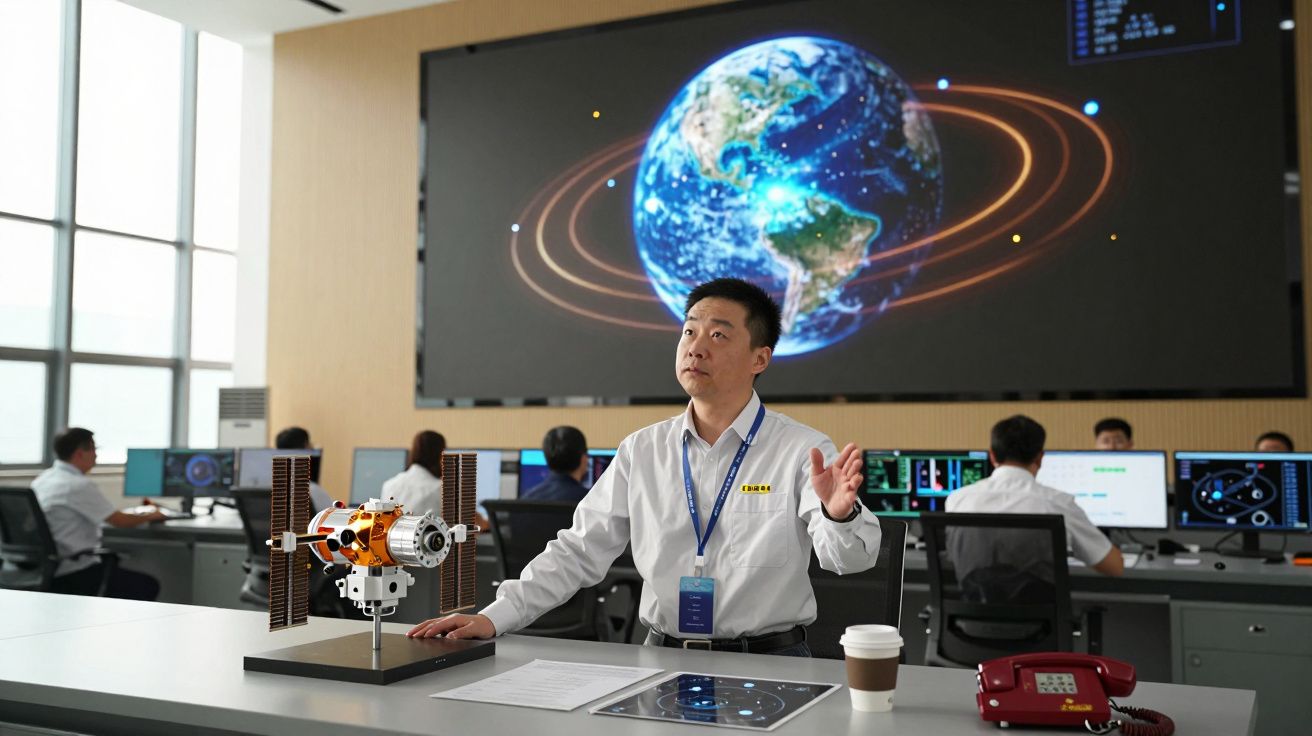 Homem explicando satélite em sala de controle com mapa da Terra e operadores ao fundo.