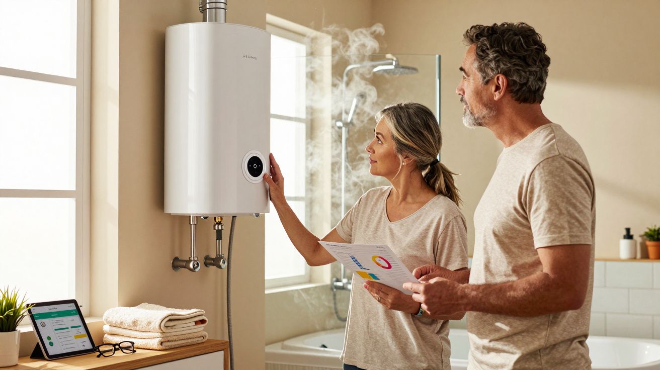 Casal ajusta aquecedor de água a gás em banheiro com janela e tablet sobre bancada.