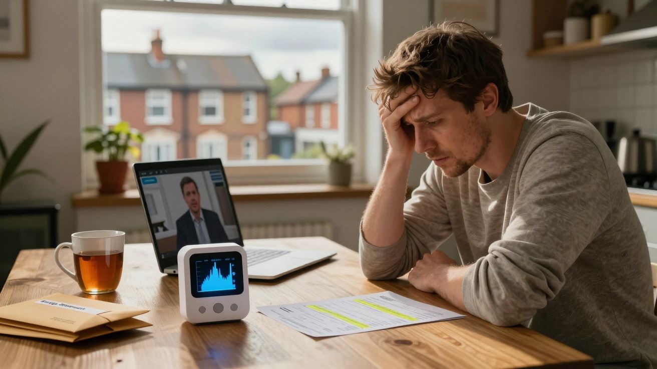Homem preocupado analisando documentos em mesa com laptop, medidor e chá, em ambiente residencial.
