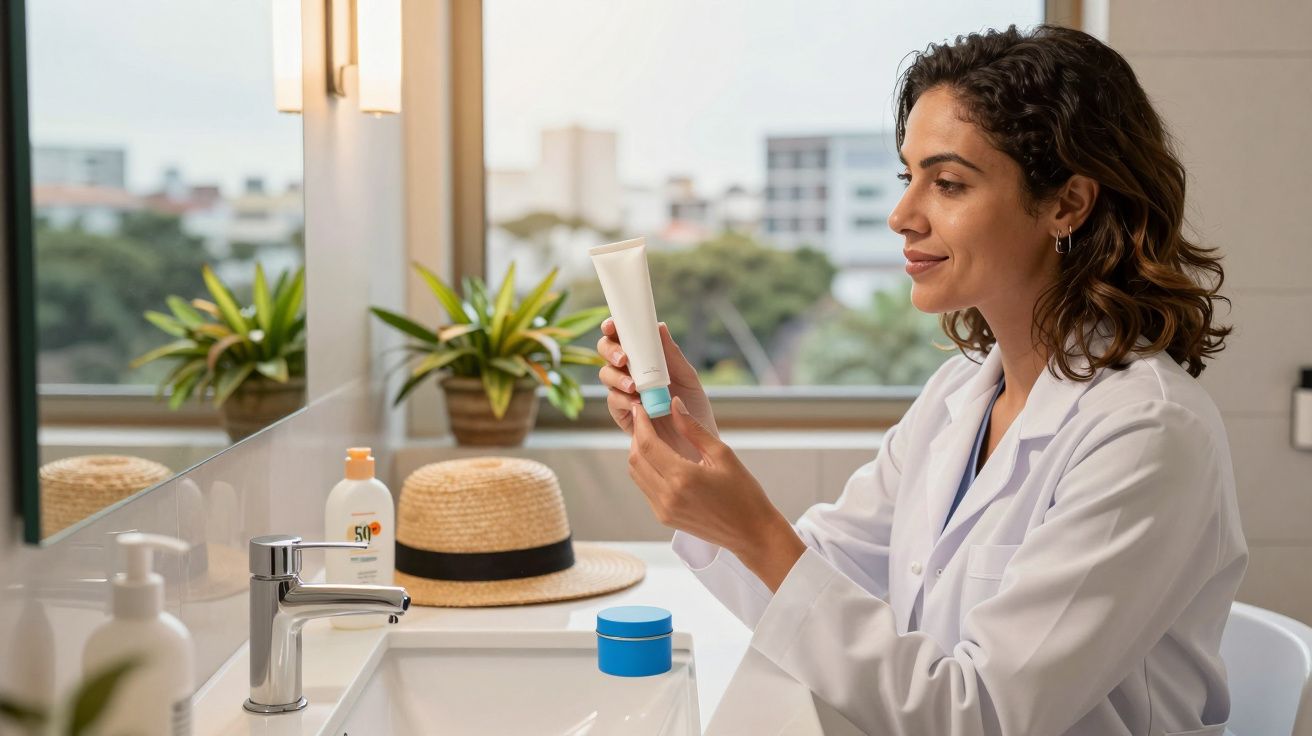 Mulher em jaleco branco lendo rótulo de produto cosmético em banheiro iluminado.