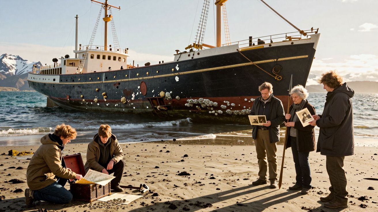 Cinco pessoas na praia com um navio antigo encalhado, segurando fotos e analisando mapas.