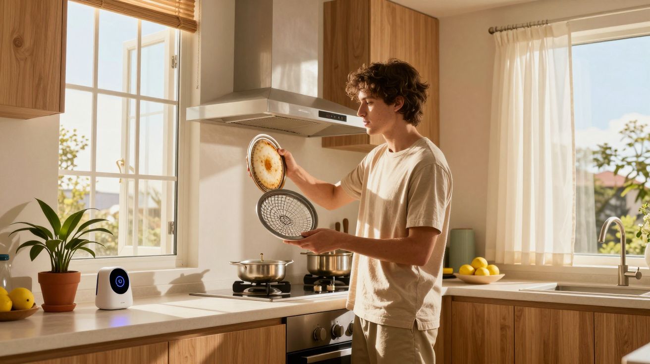 Jovem segura tampa de panela em cozinha iluminada, com vista para jardim e eletrodomésticos modernos.