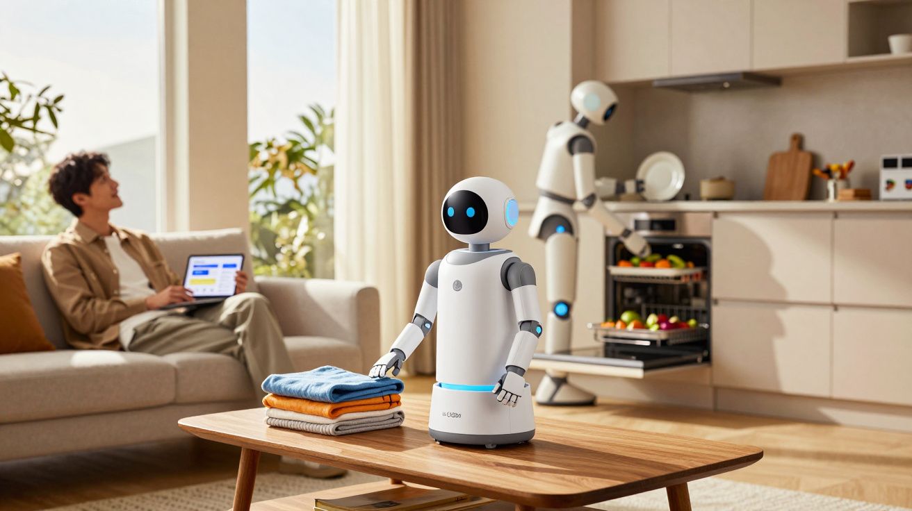 Robôs domésticos organizando roupas e cozinhando enquanto pessoa usa tablet no sofá da sala.